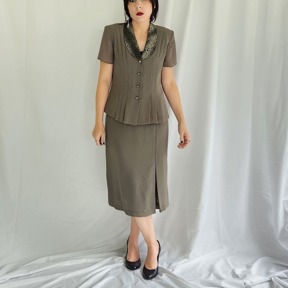 90s/Y2K Olive Green Skirt Set with Leopard Print